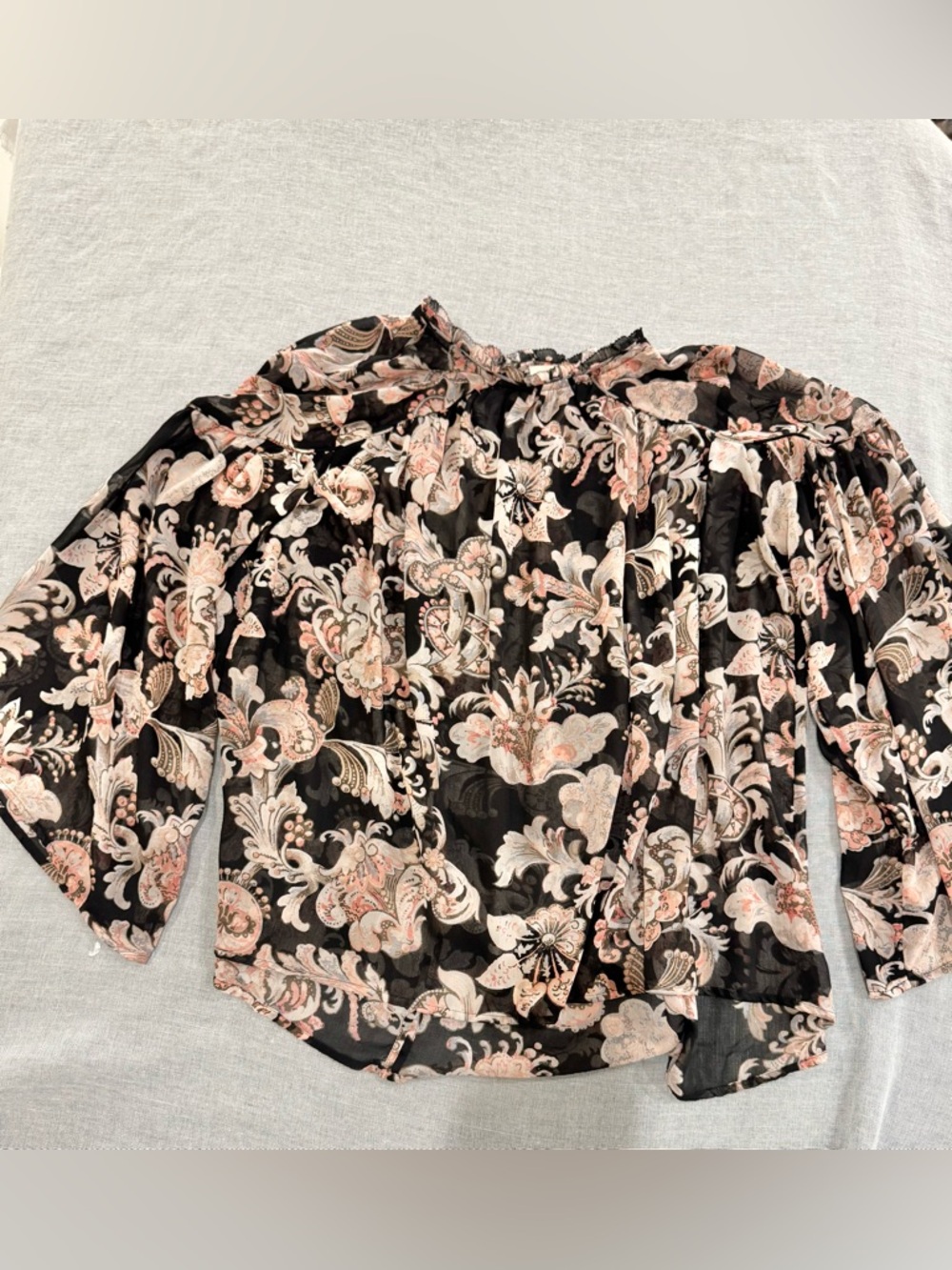 LOFT Sheer Black Floral Flowy Blouse with Pink Floral Print Boho Size S